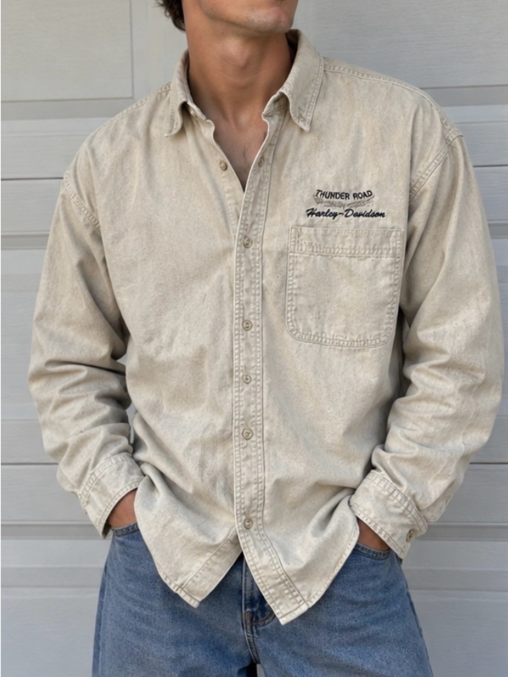 Harley-Davidson Men's Cream Long-Sleeve Button-Down Shirt with Chest Pocket